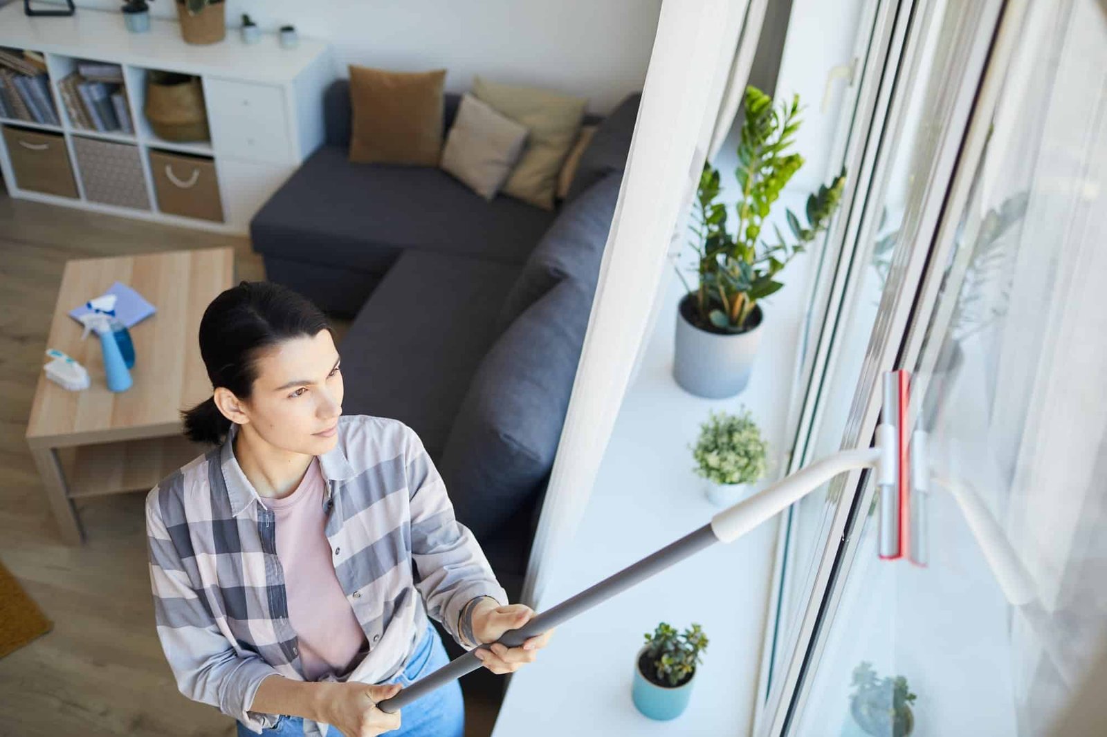 Ein Team von Fachleuten reinigt sorgfältig die Fenster eines Bürogebäudes, um für klare Sicht und eine glänzende Oberfläche zu sorgen.